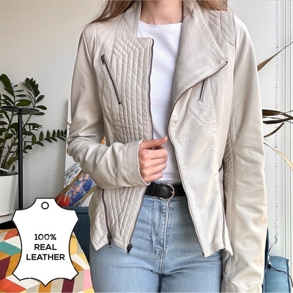 LA Made White Ivory Leather Moto Zip Longsleeve Jacket L - Picture 1 of 15